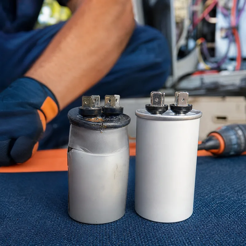 Swollen AC capacitor beside a replacement electrical component