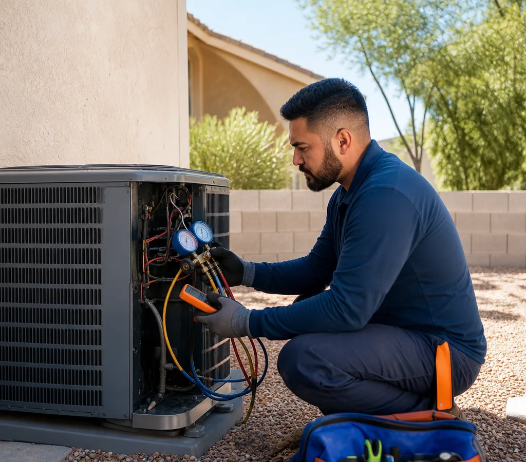 Contractor diagnosing a residential outdoor AC condenser in an Avondale backyard