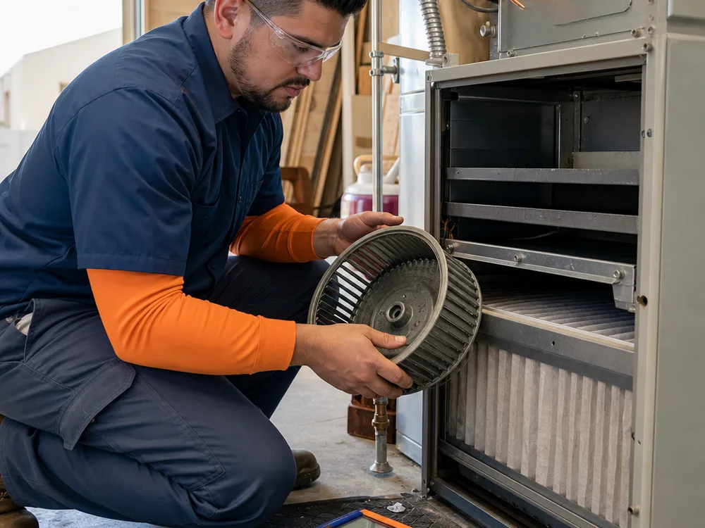 Technician inspecting an air handler blower wheel and filter slot
