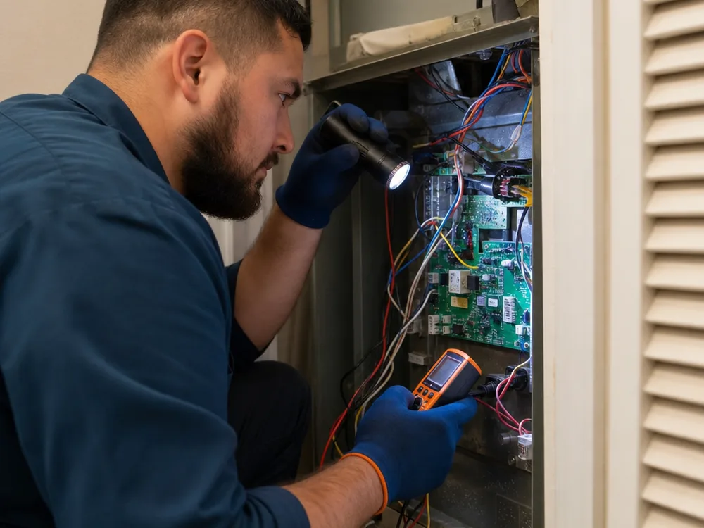 HVAC technician checking an indoor air handler control board and wiring