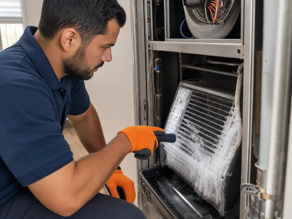Frost visible inside an indoor evaporator coil compartment