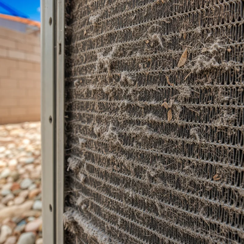 Outdoor AC condenser coil with visible lint and debris before cleaning