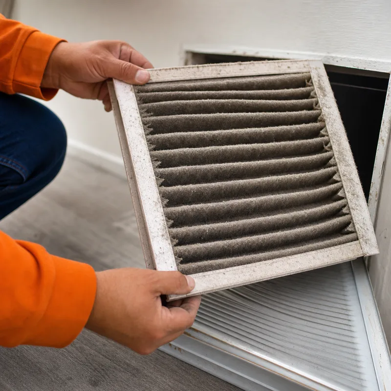 Clogged pleated air filter being removed from a return grille