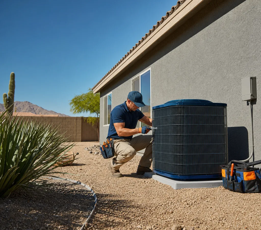 Contractor inspecting an outdoor AC condenser next to a single-story home in bright desert daylight
