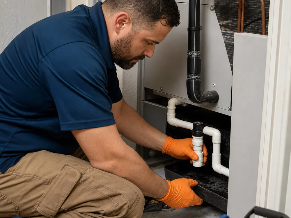 Contractor inspecting a condensate drain line and pan near an indoor coil
