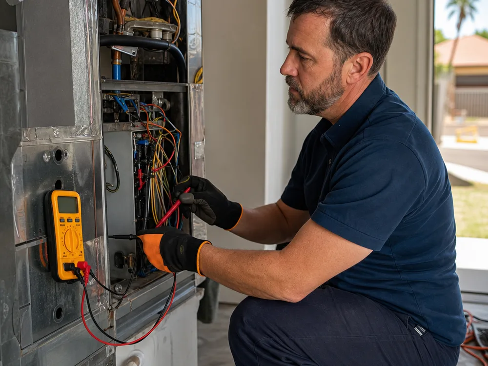 Contractor checking electrical readings at an HVAC air handler with a multimeter and the access panel removed