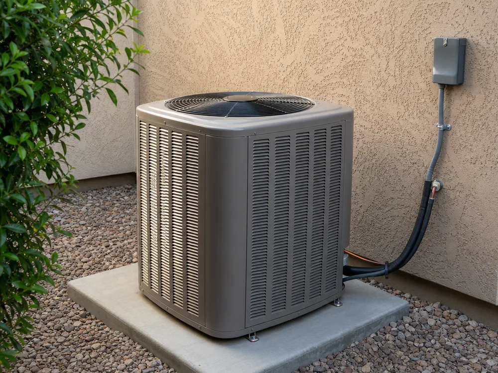 Neatly installed outdoor condenser on a pad with properly routed line set and disconnect