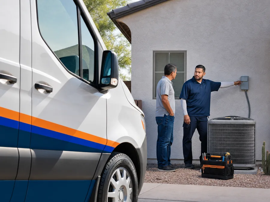 Contractor explaining an outdoor AC condenser diagnostic step to a homeowner